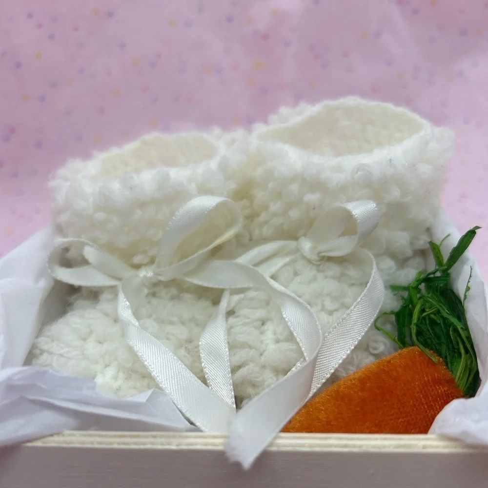 Baby’s First Easter Gift Set – Handmade Booties /Keepsake Box w/ Plush Carrot